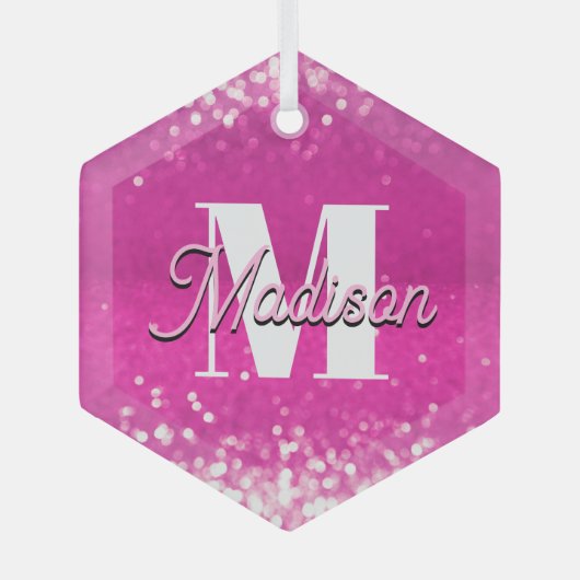 Hot roze glitter bokeh monogram glas ornament (Voorkant)