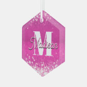 Hot roze glitter bokeh monogram glas ornament (Voorkant links)