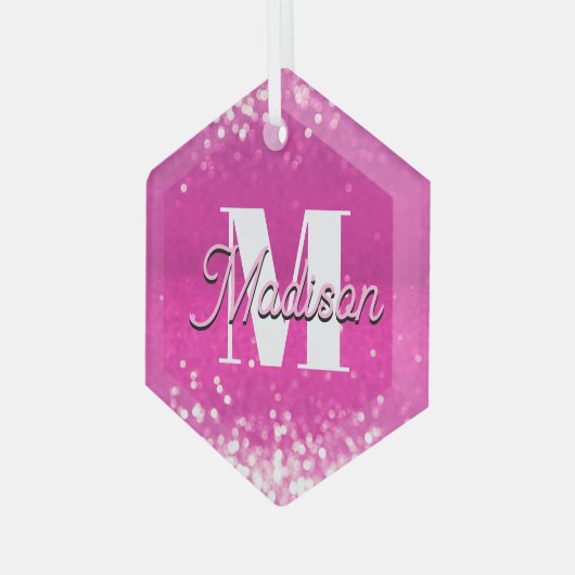 Hot roze glitter bokeh monogram glas ornament (Voorkant links)