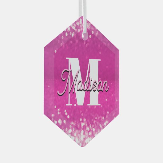 Hot roze glitter bokeh monogram glas ornament (Voorkant Rechts)