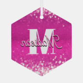 Hot roze glitter bokeh monogram glas ornament (Achterkant)
