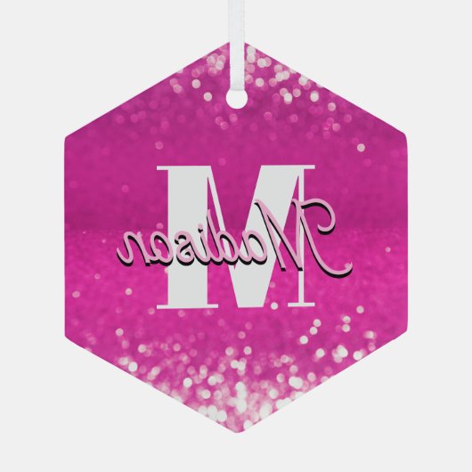 Hot roze glitter bokeh monogram glas ornament (Achterkant)