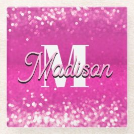 Hot roze glitter bokeh monogram glazen onderzetter