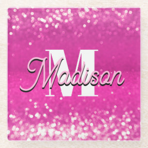 Hot roze glitter bokeh monogram glazen onderzetter