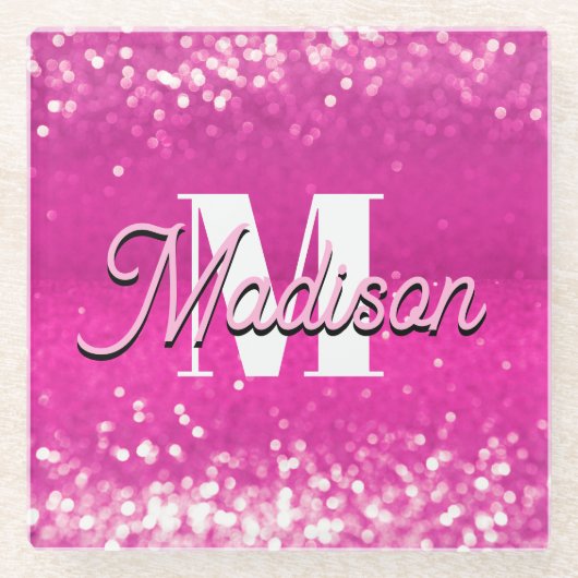 Hot roze glitter bokeh monogram glazen onderzetter (Voorkant)