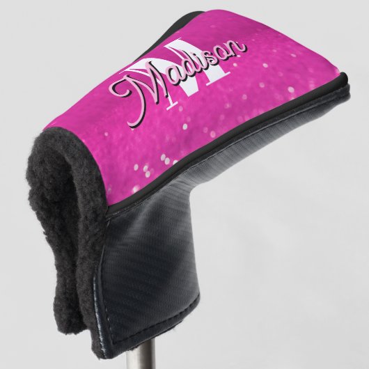 Hot roze glitter bokeh monogram golfheadcover (3/4 voorkant)