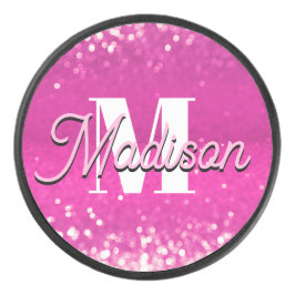 Hot roze glitter bokeh monogram hockey puck
