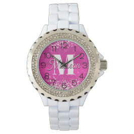Hot roze glitter bokeh monogram horloge