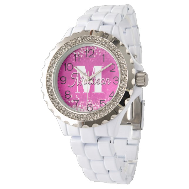 Hot roze glitter bokeh monogram horloge (Gekanteld)