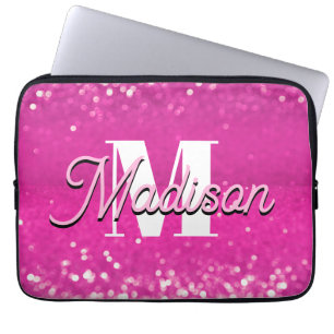 Hot roze glitter bokeh monogram laptop sleeve