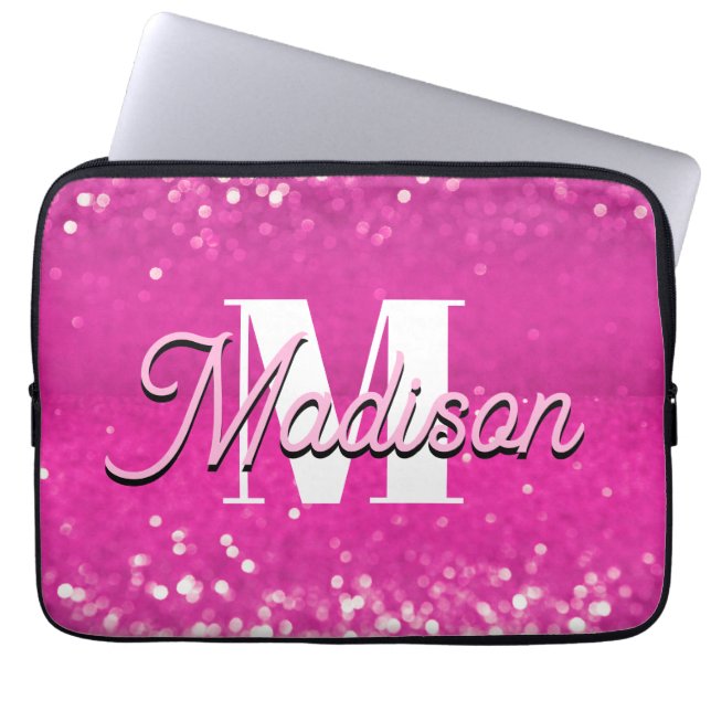 Hot roze glitter bokeh monogram laptop sleeve (Voorkant)
