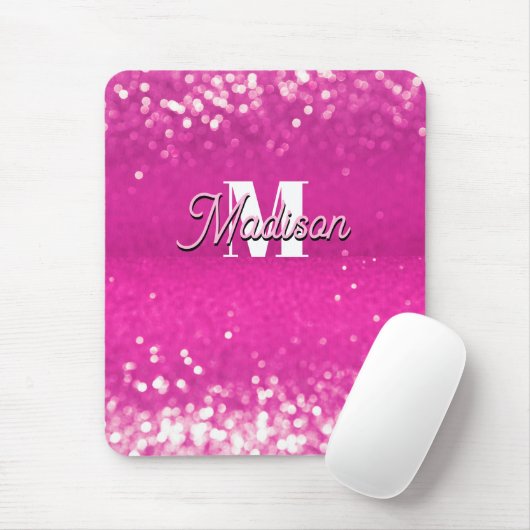 Hot roze glitter bokeh monogram muismat (Met muis)