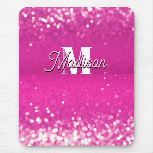 Hot roze glitter bokeh monogram muismat (Voorkant)