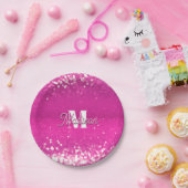 Hot roze glitter bokeh monogram papieren bordje (Feest)
