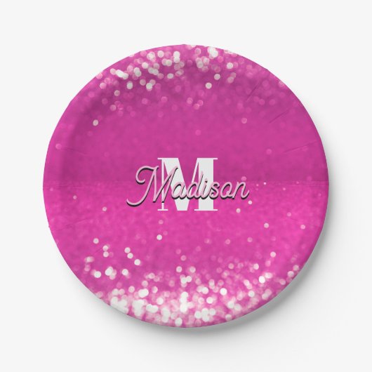 Hot roze glitter bokeh monogram papieren bordje (Voorkant)