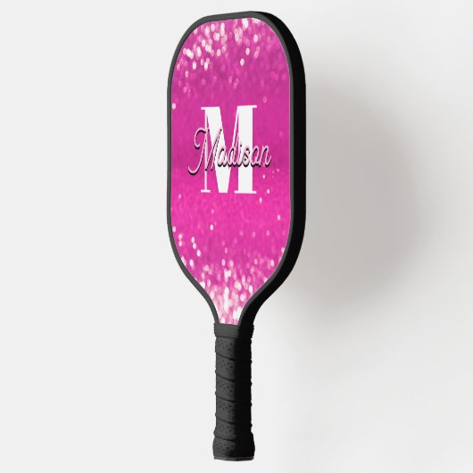 Hot roze glitter bokeh monogram pickleball paddle (Links)