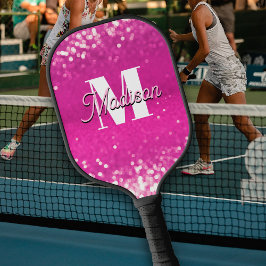 Hot roze glitter bokeh monogram pickleball paddle