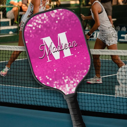 Hot roze glitter bokeh monogram pickleball paddle