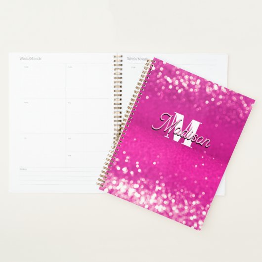 Hot roze glitter bokeh monogram planner (Display)