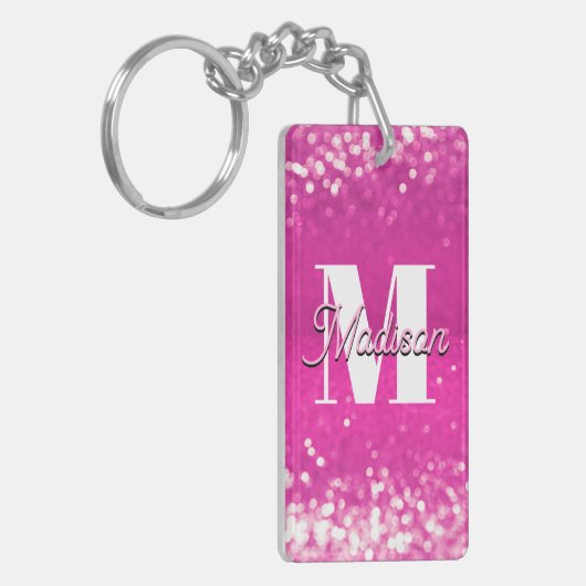 Hot roze glitter bokeh monogram sleutelhanger (Voorkant Links)