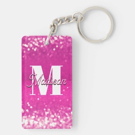 Hot roze glitter bokeh monogram sleutelhanger (achterkant)