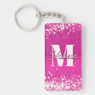 Hot roze glitter bokeh monogram sleutelhanger