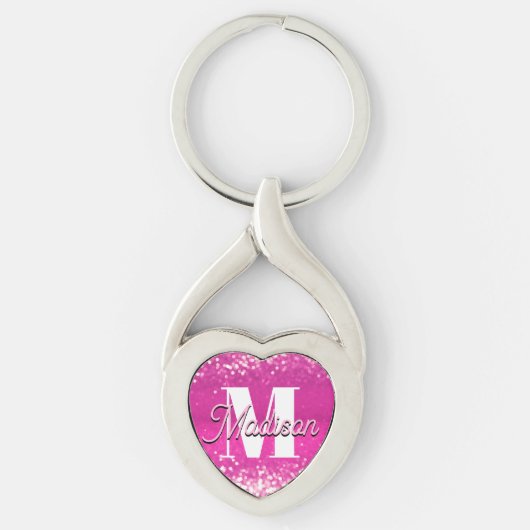 Hot roze glitter bokeh monogram sleutelhanger (Voorkant)