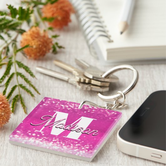 Hot roze glitter bokeh monogram sleutelhanger (Voorkant Rechts)