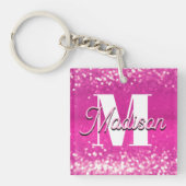 Hot roze glitter bokeh monogram sleutelhanger (voorkant)