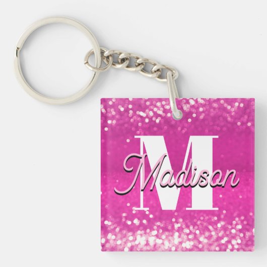 Hot roze glitter bokeh monogram sleutelhanger (voorkant)