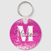 Hot roze glitter bokeh monogram sleutelhanger (Voorkant)