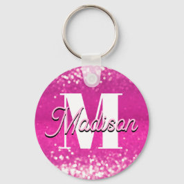 Hot roze glitter bokeh monogram sleutelhanger