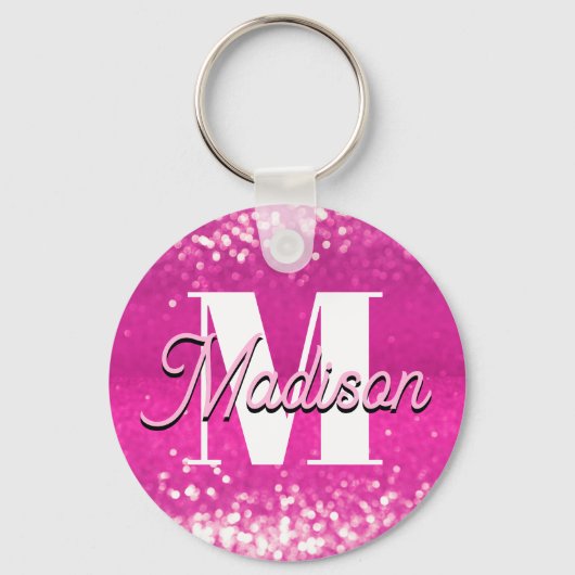 Hot roze glitter bokeh monogram sleutelhanger (Voorkant)