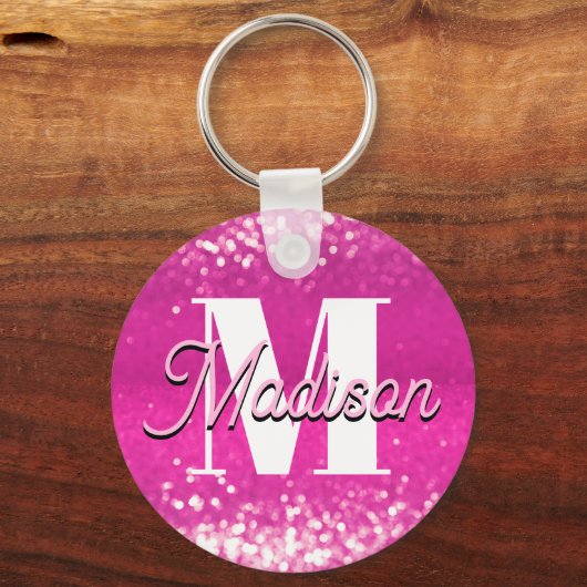 Hot roze glitter bokeh monogram sleutelhanger (Achterkant)