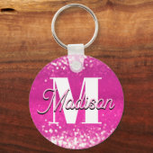 Hot roze glitter bokeh monogram sleutelhanger (Voorkant)