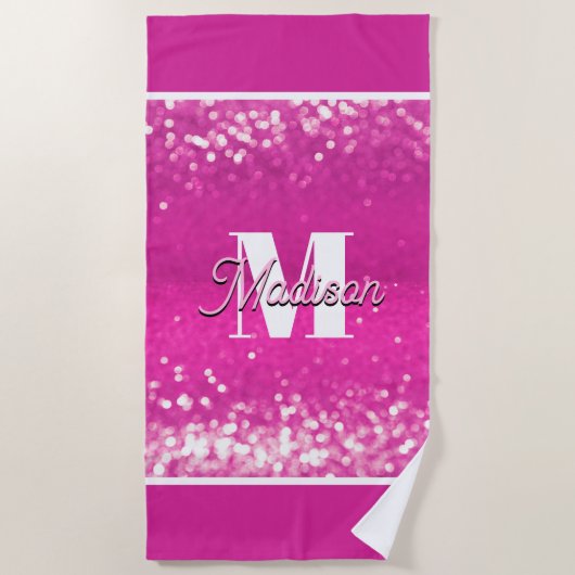 Hot roze glitter bokeh monogram strandlaken (Voorkant)
