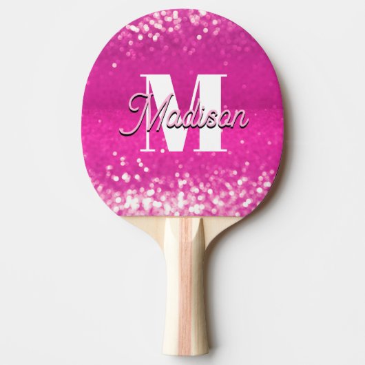 Hot roze glitter bokeh monogram tafeltennisbatje (Voorkant)