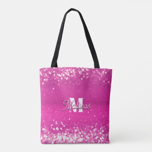 Hot roze glitter bokeh monogram tote bag (Achterkant)