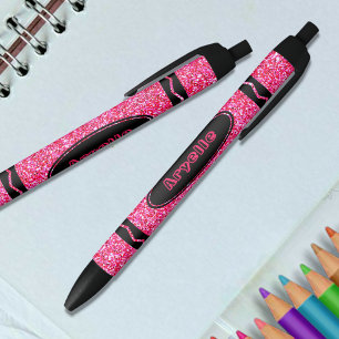 Hot-roze Glitter Crayon Aangepaste naam Drukkerpen Zwarte Inkt Pen