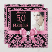 Hot roze glitter damask 50th Birthday Invitation Kaart (Voorkant / Achterkant)