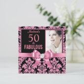 Hot roze glitter damask 50th Birthday Invitation Kaart (Staand voorkant)