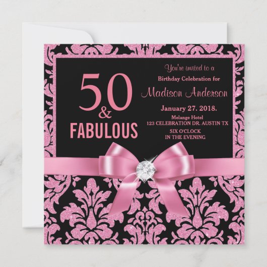 Hot roze glitter damask 50th Birthday Invitation Kaart (Achterkant)