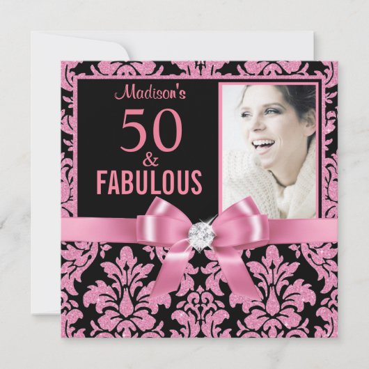 Hot roze glitter damask 50th Birthday Invitation Kaart (Voorkant)