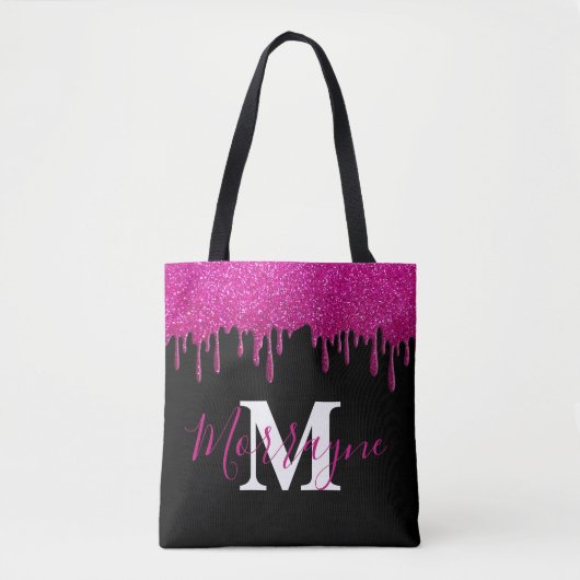 Hot-roze glitter druppelt op het monogram metaal tote bag (Voorkant)