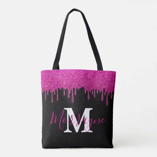 Hot-roze glitter druppelt op het monogram metaal tote bag (Achterkant)
