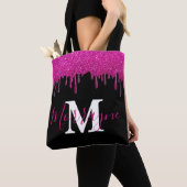 Hot-roze glitter druppelt op het monogram metaal tote bag (Dichtbij)