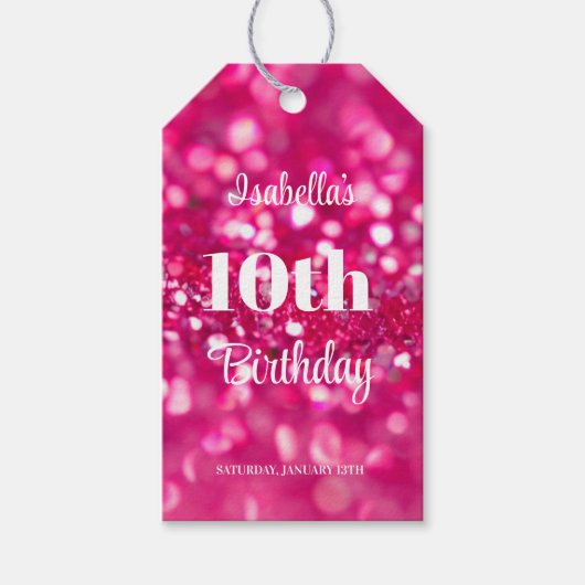 Hot roze glitter glam elke leeftijd verjaardag cadeaulabel (Voorkant)