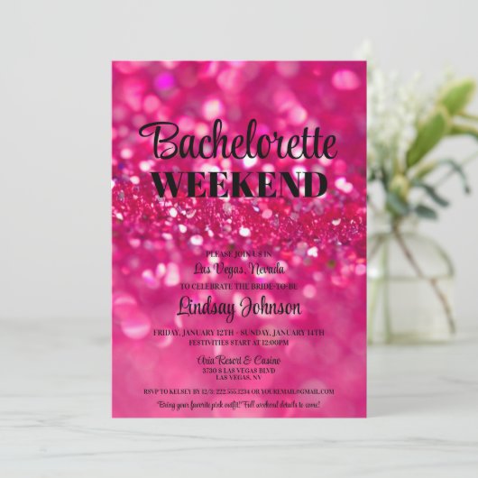 Hot roze glitter glam vrijgezellenfeest weekend kaart (Staand voorkant)