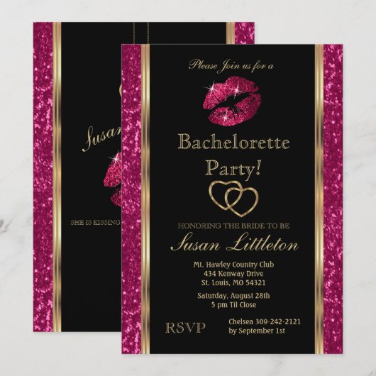 Hot roze glitter lippen vrijgezellenfeest kaart (Voorkant / Achterkant)