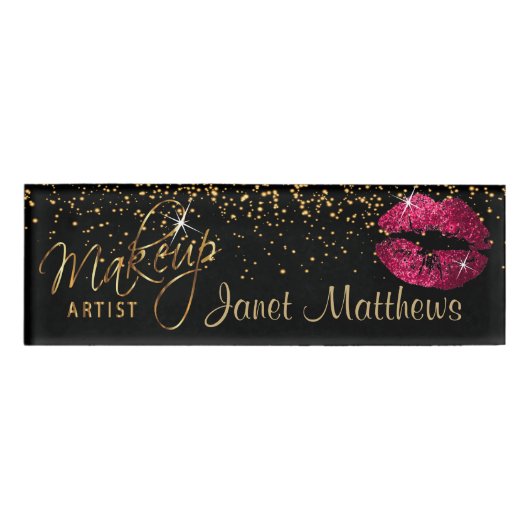 Hot-roze glitter Lips en legant Gold Naambadge (Voorkant)